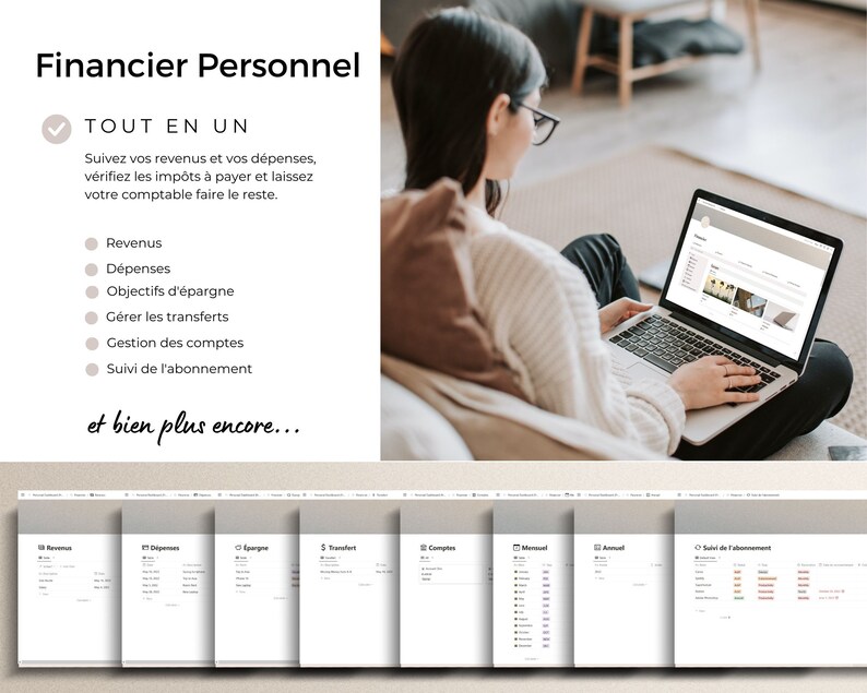 Pu&ograve; includere: Una donna &egrave; seduta su un divano e usa un computer portatile per gestire le sue finanze personali. Lo schermo mostra un sito web con schede per entrate, spese, obiettivi di risparmio, trasferimenti, gestione dei conti e monitoraggio degli abbonamenti. Il testo sullo schermo dice "Financier Personnel" e "Tout en un".