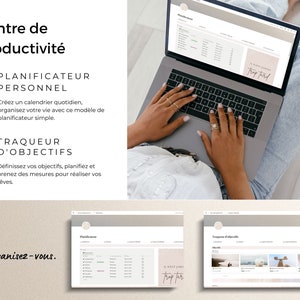 Pu&ograve; includere: Un computer portatile con uno sfondo bianco e il testo "Centre de productivit&eacute;" e "Organisez-vous." Lo schermo mostra un planner digitale con il testo "Planificateur Personnel" e "Traqueur d'Objectifs".