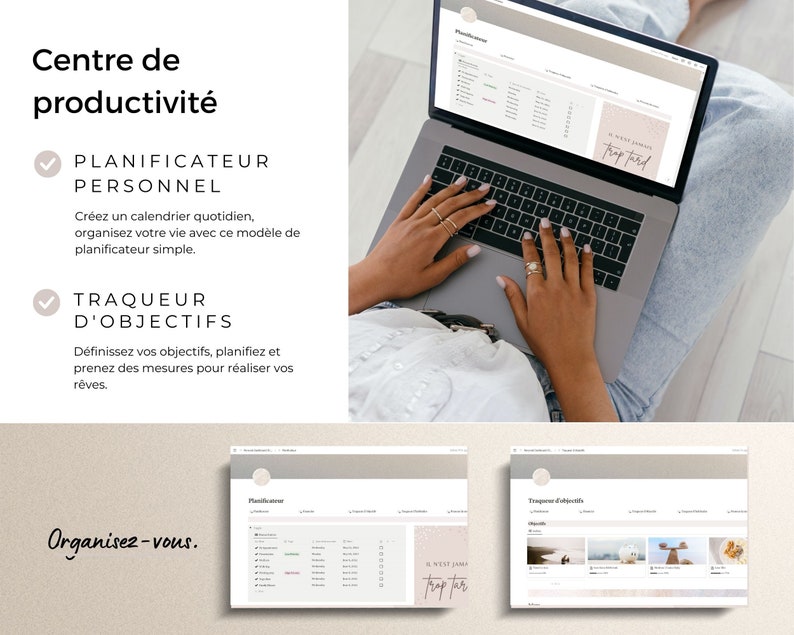 Pu&ograve; includere: Un computer portatile con uno sfondo bianco e il testo "Centre de productivit&eacute;" e "Organisez-vous." Lo schermo mostra un planner digitale con il testo "Planificateur Personnel" e "Traqueur d'Objectifs".