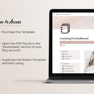 Image of main notion business template for coaching dashboard on the screen of a laptop.