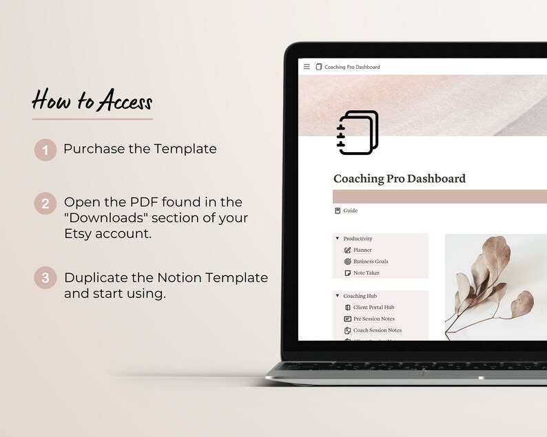 Image of main notion business template for coaching dashboard on the screen of a laptop.