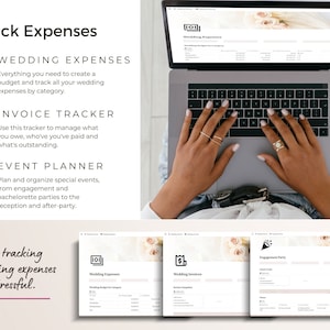 Screenshots of wedding budget expense tracker, wedding invoice tracker and event planner.