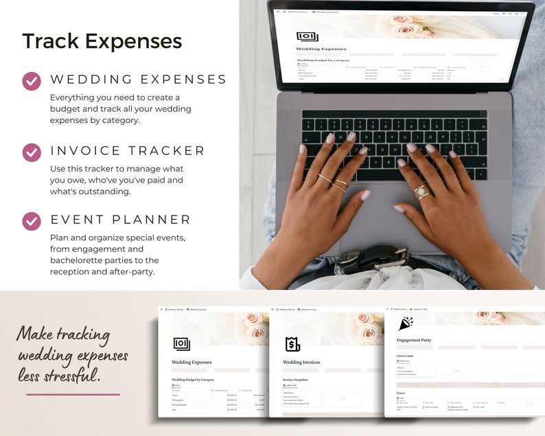 Screenshots of wedding budget expense tracker, wedding invoice tracker and event planner.