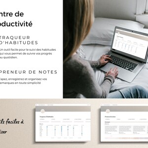 Pu&ograve; includere: Un computer portatile con uno sfondo bianco e uno schermo che mostra un tracker di abitudini e un'app per prendere appunti. Il testo sullo schermo recita "Traqueur d'Habitudes" e "Preneur de Notes". Il laptop &egrave; su un letto bianco con una persona seduta sul letto. Il testo "Centre de productivit&eacute;" &egrave; sul lato sinistro dell'immagine. Il testo "Outils faciles &agrave; utiliser" &egrave; in basso a sinistra dell'immagine.