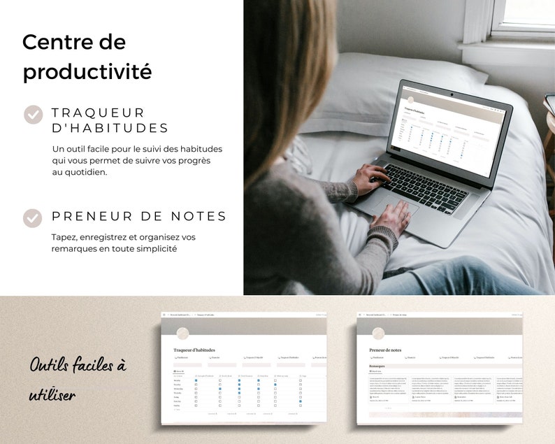 Pu&ograve; includere: Un computer portatile con uno sfondo bianco e uno schermo che mostra un tracker di abitudini e un'app per prendere appunti. Il testo sullo schermo recita "Traqueur d'Habitudes" e "Preneur de Notes". Il laptop &egrave; su un letto bianco con una persona seduta sul letto. Il testo "Centre de productivit&eacute;" &egrave; sul lato sinistro dell'immagine. Il testo "Outils faciles &agrave; utiliser" &egrave; in basso a sinistra dell'immagine.