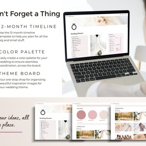 Screenshots of wedding timeline, color palette swatches and wedding theme board.