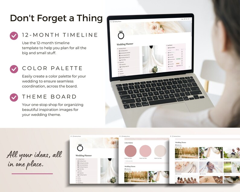 Screenshots of wedding timeline, color palette swatches and wedding theme board.