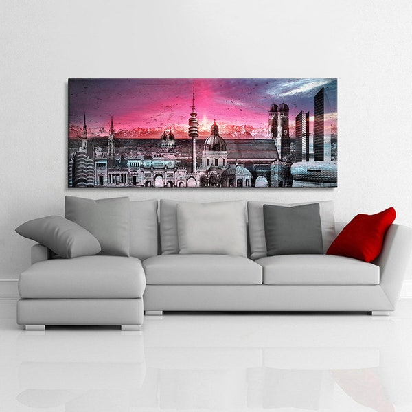 Julia-Art Leinwandbilder Bild München Skyline, Stadt Wandbilder sind fertig gerahmt - Verschiedene Motive - Kunstdrucke XXL Panorama Mn-01-5