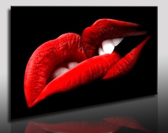 May include: A close-up of two red lips against a black background. The lips are parted slightly, revealing white teeth.