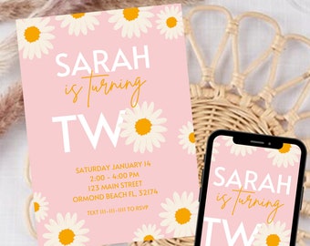 two year old girl birthday invitation, 2nd birthday, second birthday, template, boho party, floral, daisy birthday invitation, invite
