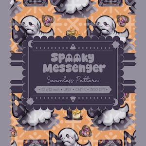 Op de afbeelding: Een naadloos patroonontwerp met herhalende spookachtige figuren, kaarsen en decoratieve elementen. Het ontwerp bevat de tekst "SPAAKY Messenger Seamless Pattern" en is 30,48 x 30,48 cm groot.