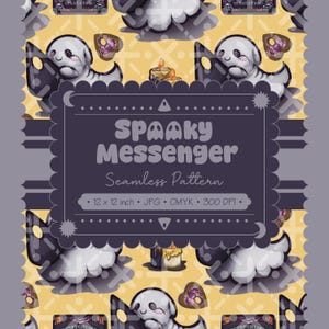Op de afbeelding: Een naadloos patroonontwerp met cartoongeesten, harten en kaarsen op een gele achtergrond. Het ontwerp bevat de tekst "SPAAKY Messenger Seamless Pattern" en afmetingen van 30,48 x 30,48 cm.