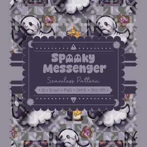 Op de afbeelding: Een naadloos patroonontwerp met een spookachtig thema. Het ontwerp bevat cartoongeesten, kaarsen en decoratieve elementen. De tekst "Spooky Messenger Seamless Pattern" wordt weergegeven. Het patroon is 30,48 x 30,48 cm.