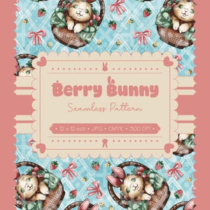 Berry Bunny seamless pattern blue 12x12inch Jepg adorable cute bunny basket strawberry repeated pattern digital paper sublimation fabric