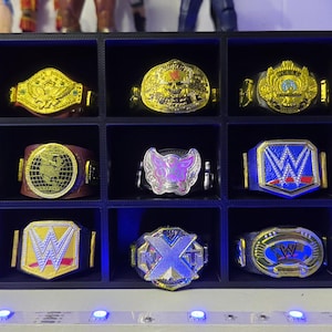 May include: A black nine-compartment display case containing nine miniature wrestling championship belts. Each belt features distinct metallic colors, logos, and designs, including gold, silver, blue, and purple accents, arranged in a three-by-three grid.