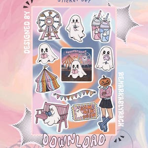 May include: A sticker set with a pastel background featuring the text "SUMMERWEEN" and various illustrations. The stickers include ghosts, a Ferris wheel, a circus tent, drinks, and a person with a pumpkin head. The words "DESIGNED BY" and "DOWNLOAD" are also visible.