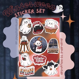 May include: A sticker set with a Winterween theme. The set includes various stickers featuring ghosts, bats, and other spooky elements. The stickers have text such as "Winterween", "Horror", and "I'll give it 5 stars when it gives me bad dreams".