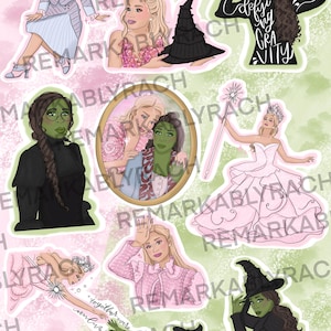 May include: A set of nine stickers featuring characters from the musical Wicked. The stickers are on a pink and green background with the text "Remarkably Rach" printed on them. The stickers feature Glinda, Elphaba, and the Wizard.