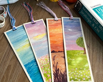 Hand painted bookmarks, Original Acrylic Painting, Tulips and Sky