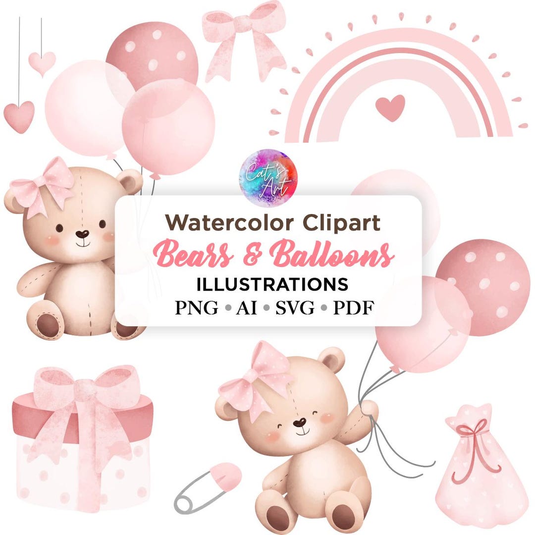 Pink Bears Balloons Baby Shower PNG & SVG, Cute Bear Clipart - Etsy