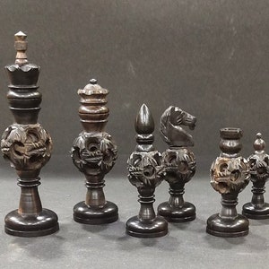 Aged Sandalwood and ebony wood Hand Carved Chess Pieces with Undercut rotating ball chess pieces Unique Gift with Velvet Box King Height 6&quot;