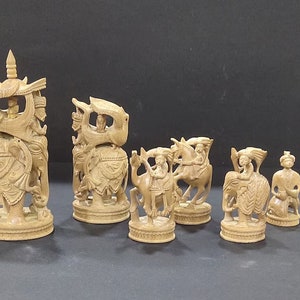 Aged Sandalwood and ebony wood hand Carved Chess Pieces, Elephant Theme Unique Gift, Only Chess Pieces with Velvet Box King Height 7 Inches