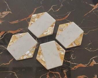 Set of 4,6 Hexagon White marble coaster tile, Natural Stone Coasters, Mother of Pearl Shell Inlay Tea Coasters Explore Now!!