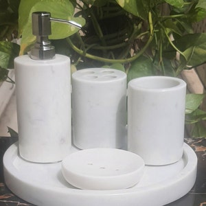 White Marble Stone Bathroom Set for Bathroom Decor Set of 5 Pcs. for home and office Natural Decor