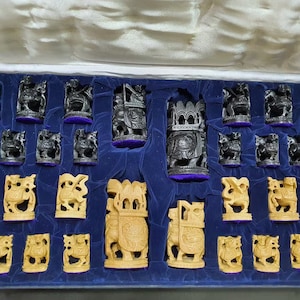 Wood Hand Carved Chess Pieces, Kadam & Ebony Wood Chess, Elephant Theme Unique Gift, Only Chess Pieces with Velvet Box