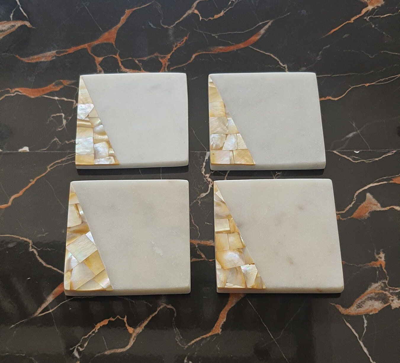 Set of 4,6 Square White marble coaster tile, Natural Stone Coasters, Mother of Pearl Shell Inlay Tea Coasters Explore Now!!