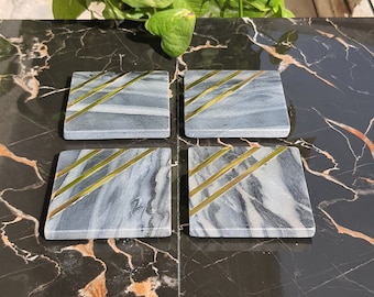 Marble Coasters for Drinks,Set of 4,6 Handcrafted Modern Coasters - 4 Inch Wide Drink Coasters - Black Marble Coasters with Gold Brass Inlay