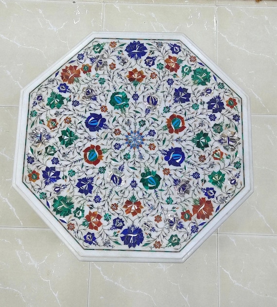 Marble Inlay Table Top for Home Décor Coffee Table Top in White Marble Inlaid Art for Home Decoration