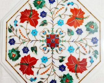 Marble inlay decorative plate with carnelian,Marble Inlay Table Top, Pietra Dura Art, floral decorative plate,India home decor,Taj Mahal art