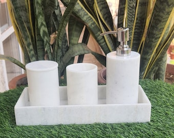 Set Accessori Bagno In Ceramica Effetto Marmo – Portasapone, Portaspazzolino E Portaoggetti, Colore Bianco, Regalo Idea