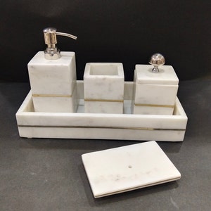White Marble Stone Bathroom Set for Bathroom Decor Set of 5 Pcs. for home and office Natural Decor with Brass Inlay