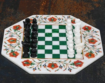 12 inches White marble stone inlay chess board with chess pieces with semi precious stones Carnelian and malachite