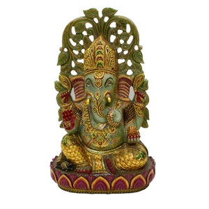 Aventurine Jade Stone Lotus Ganesh Statue Elephant God Gold Painted Ganesha 18 inches
