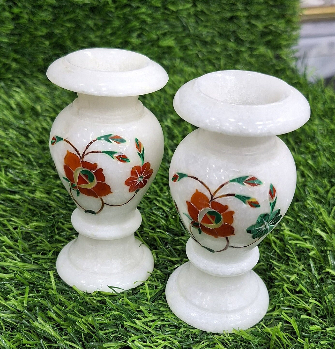 2 大理石象嵌花瓶、装飾花瓶、石花瓶、花瓶、装飾品、ピエトラ
