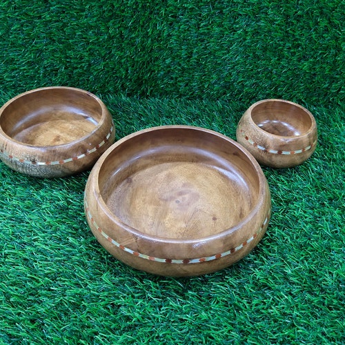 Vintage Hand popular Carved Wood Bowl set, Semi precious stone inlay Fruit Bowl set Centerpiece Decorative Serving Bowls Inlaid