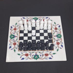 12 inches White marble stone inlay chess board with chess pieces with semi precious stones Carnelian malachite lapis