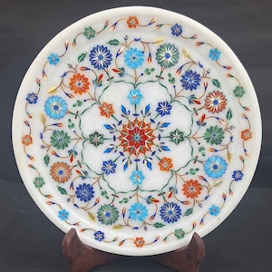 Gorgeous White Marble Plate / Marble inlaid With Semi Precious Stones / Home Decor Marble Plate / Handcrafted in India