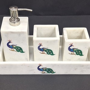 Set da bagno in marmo bianco - Set da bagno in pietra naturale al 100%, accessori da bagno, set da bagno con intarsio in marmo, set da bagno in gres