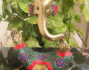 Ganesha statue - 8 inch God luck god , lord of wisdom ,Lord ganesha Statue , Brass Stone inlay work Ganesh , Vinayaka for Housewarming