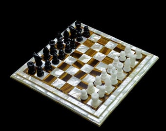 Marble stone inlay Chess Board 12 X 12 Inches with Mother of Pearl and Tiger Eye with stone hand carved chess pieces