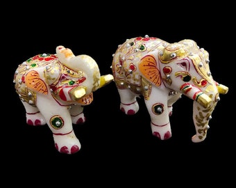 2 White Marble Elephant Figurines Handmade hand painted with real gold, art and collectibles