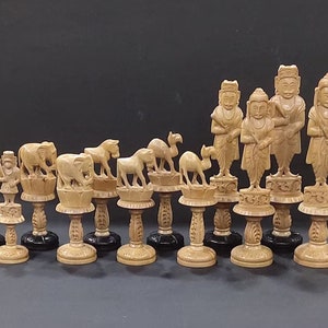 Aged Sandalwood Hand Carved Chess Pieces, Sandalwood Chess, Ramayana Theme Unique Gift, Chess Pieces with Velvet Box King Height 7.5&quot; inches