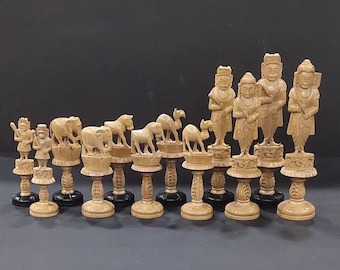 Aged Sandalwood Hand Carved Chess Pieces, Sandalwood Chess, Ramayana Theme Unique Gift, Chess Pieces with Velvet Box King Height 7.5&quot; inches