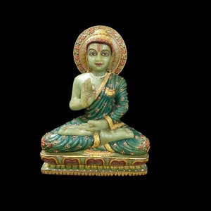Jadestein Buddha handgeschnitzt Handarbeit mit echter Goldschmiedearbeit 33 cm