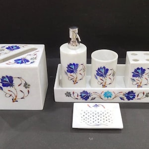 Marble Bathroom Accessories Set, Soap Dispenser Set with Vanity Tray, Marble Inlay Bathroom set, Modern Bathroom Accessories