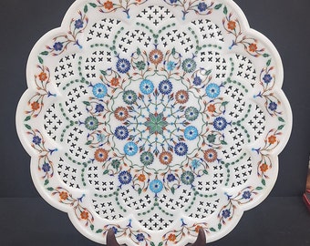 Placa de arte de celosía con incrustaciones de mármol, tablero de mesa con incrustaciones de mármol, arte Pietra Dura, placa decorativa de mármol con filigrana floral, decoración del hogar de la India